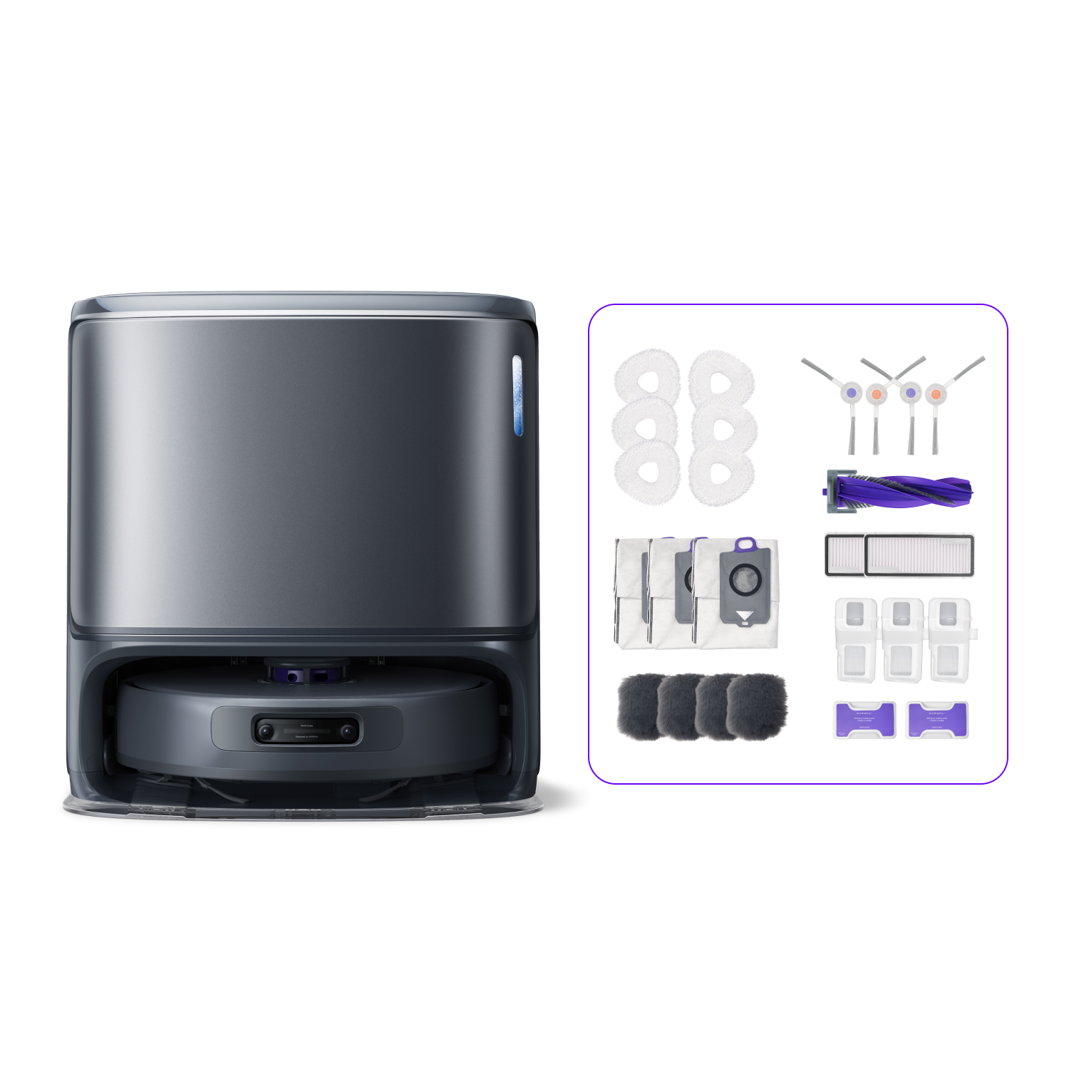 Image of the Narwal Freo Z Ultra robot vacuum with its base station, accompanied by a set of cleaning accessories including filters, mop pads, and a tangle-free roller brush.