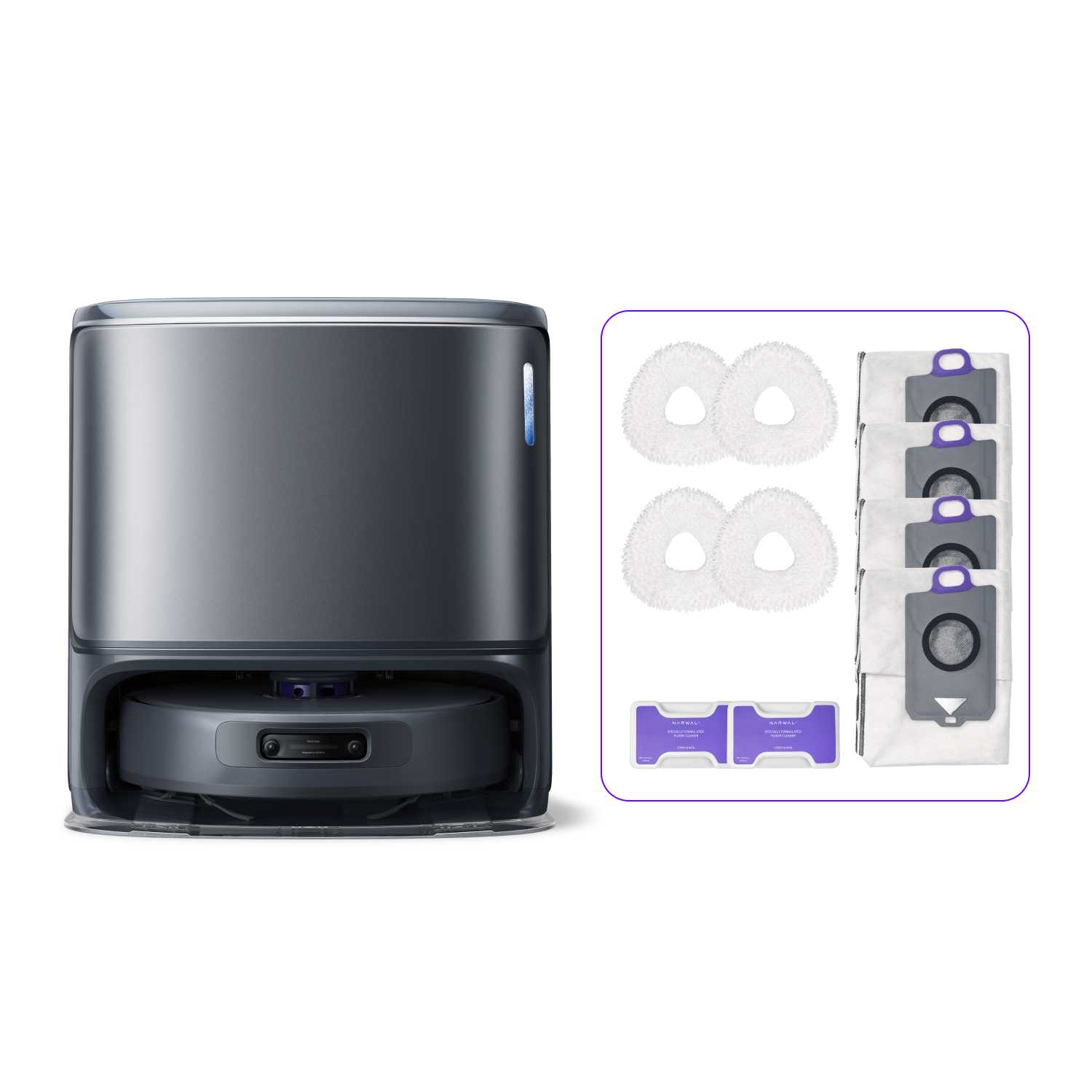 Image of the Narwal Freo Z Ultra robot vacuum with its base station, accompanied by a set of cleaning accessories including filters, mop pads, and a tangle-free roller brush.