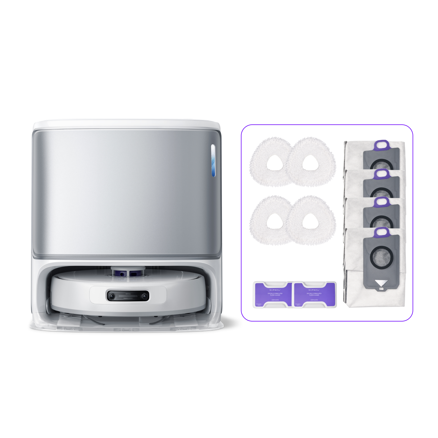 Image of the Narwal Freo Z Ultra robot vacuum with its base station, along with accessories including cleaning pads, disposable bags, and additional filters for convenient maintenance.