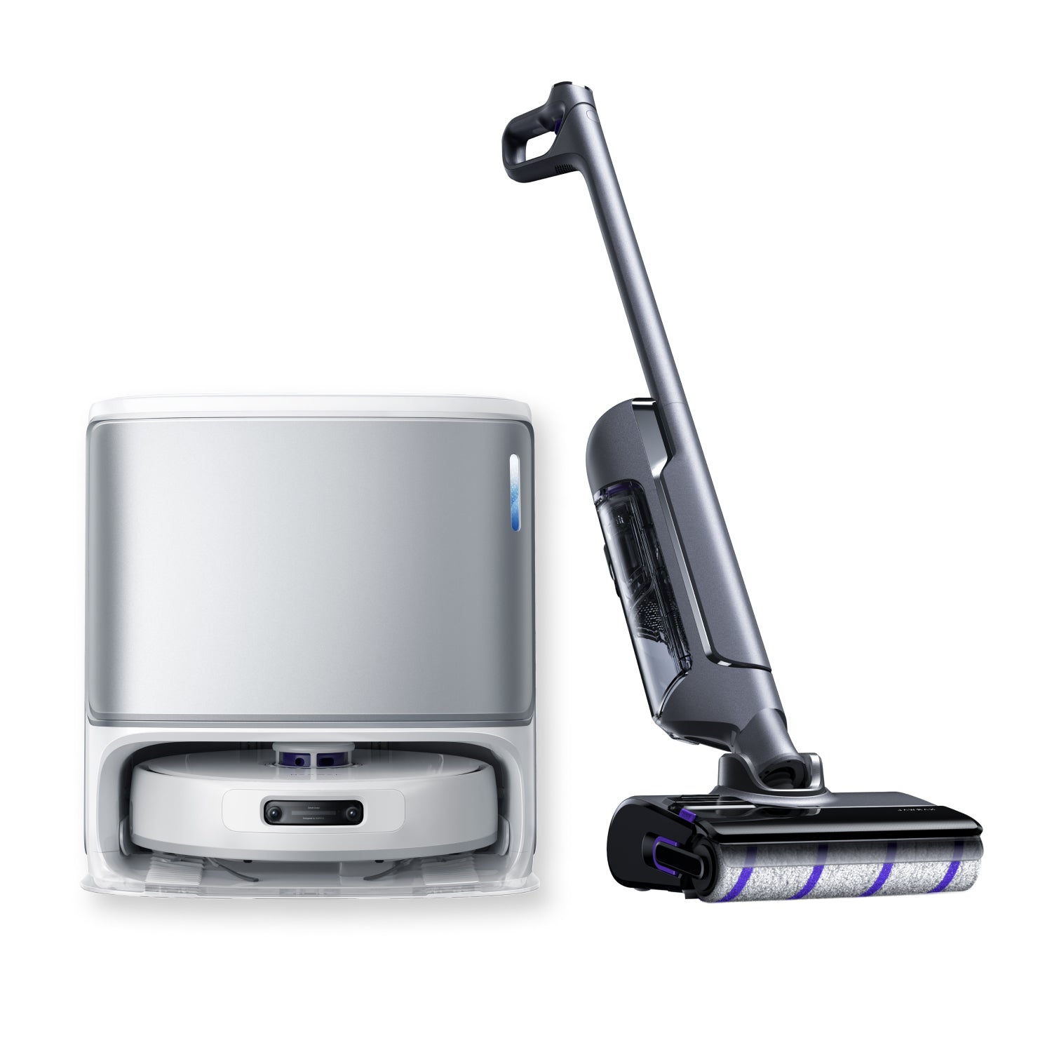 Image showing the Narwal Freo Z Ultra robot vacuum with its base station and the Narwal S20 stick vacuum, featuring modern designs and efficient cleaning solutions for various surfaces.