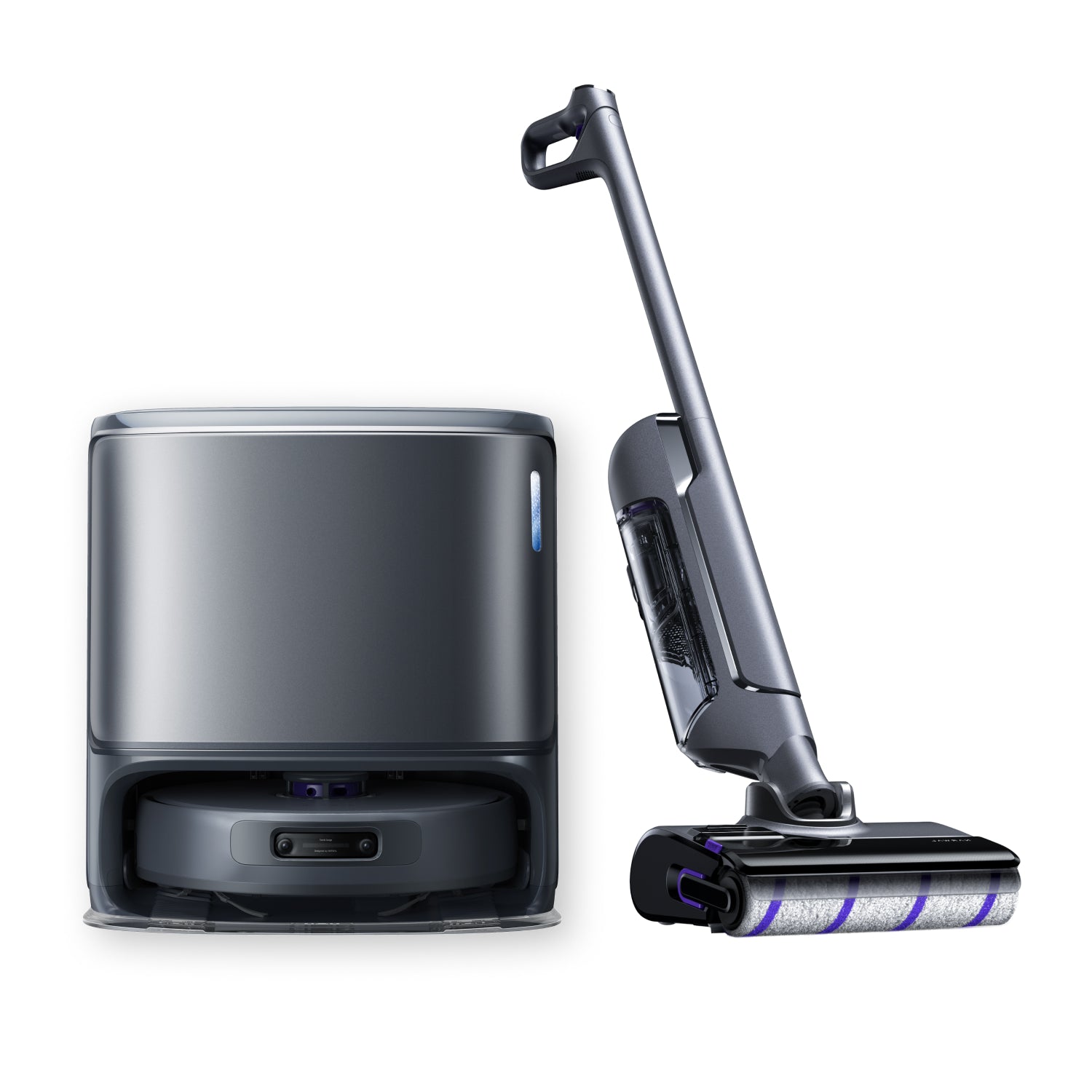 Image of the Narwal Freo Z Ultra robot vacuum with its base station alongside the Narwal S20 stick vacuum, featuring a modern design for efficient cleaning.