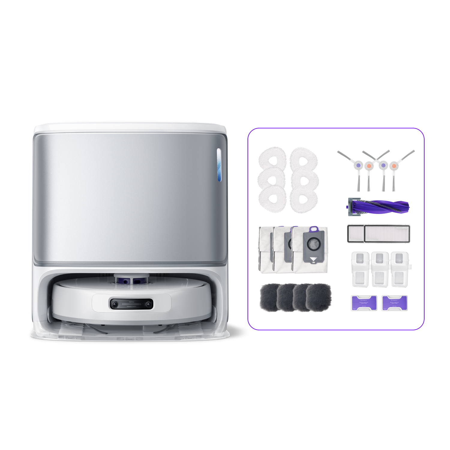 Image of the Narwal Freo Z Ultra robot vacuum with its base station, accompanied by a set of accessories including cleaning pads, filters, and a tangle-free roller brush.